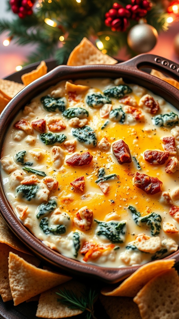 Warm spinach and artichoke dip in a baking dish with tortilla chips and baguette slices, set against a festive background.